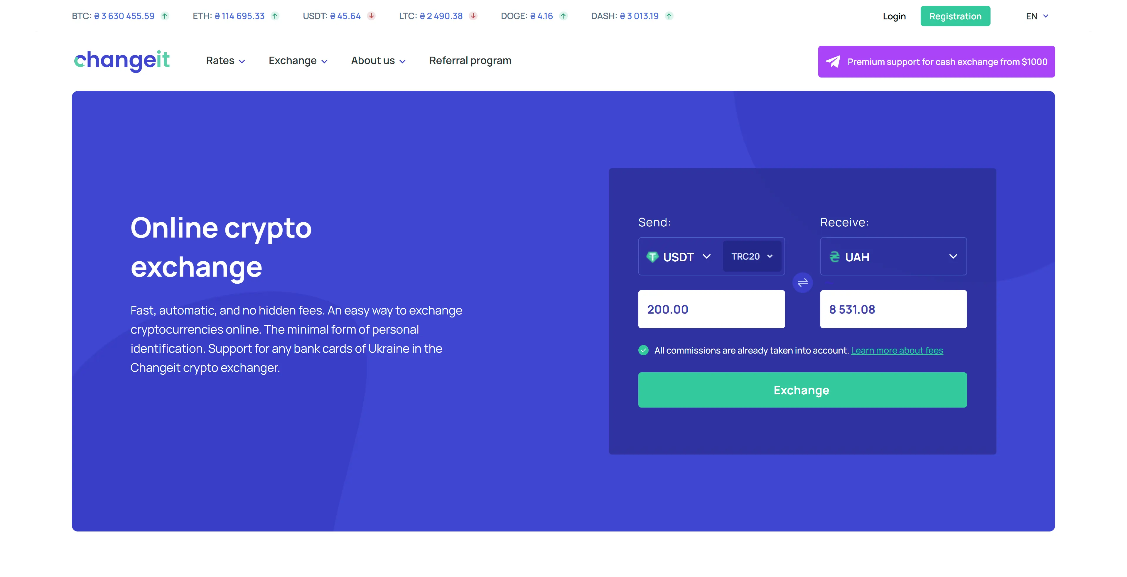 ChangeIt home widget: 200 USDT TRC20 → 8,531.08 UAH with Exchange button