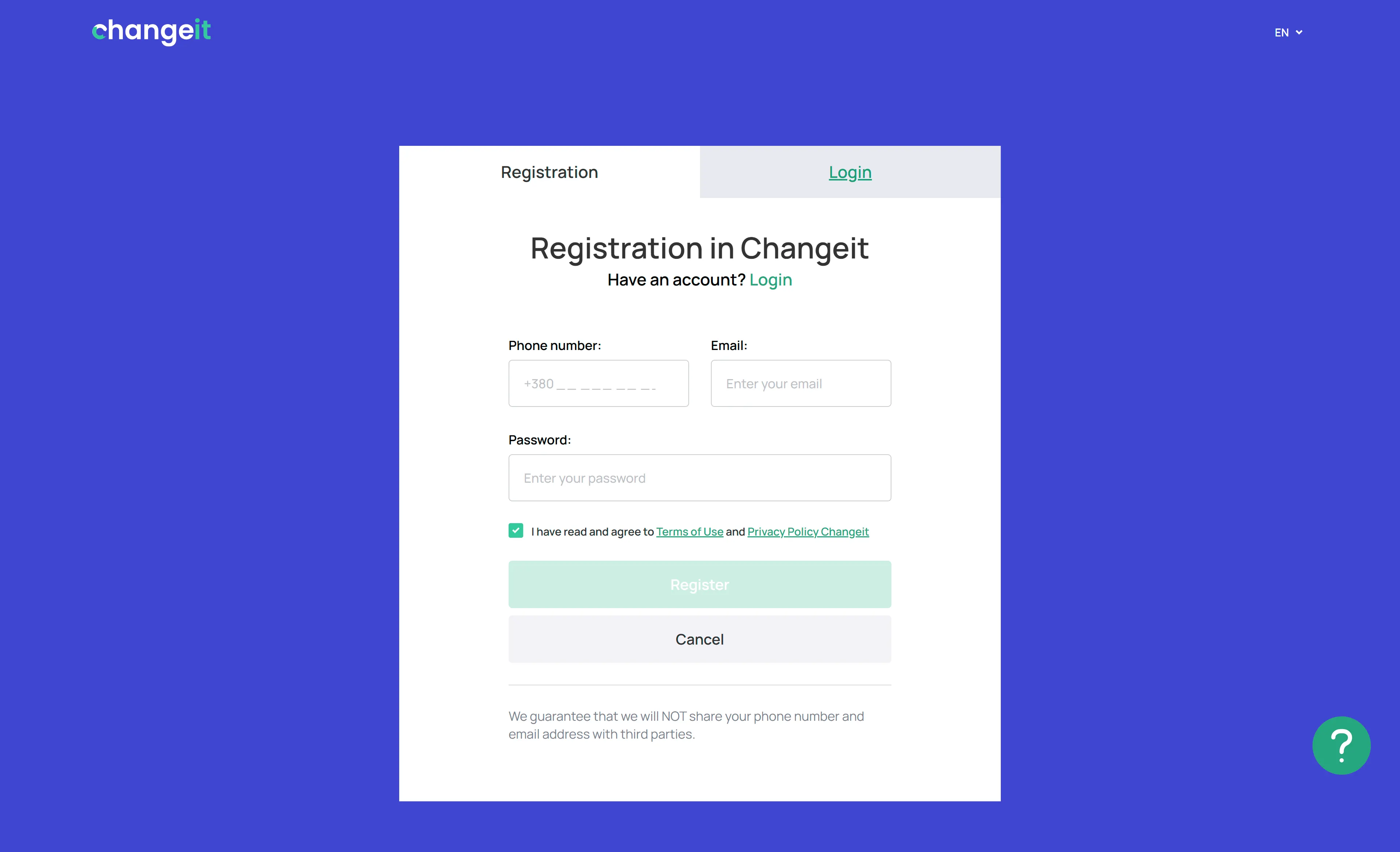 ChangeIt registration form: +380 phone, email, password, Terms and Privacy checkbox