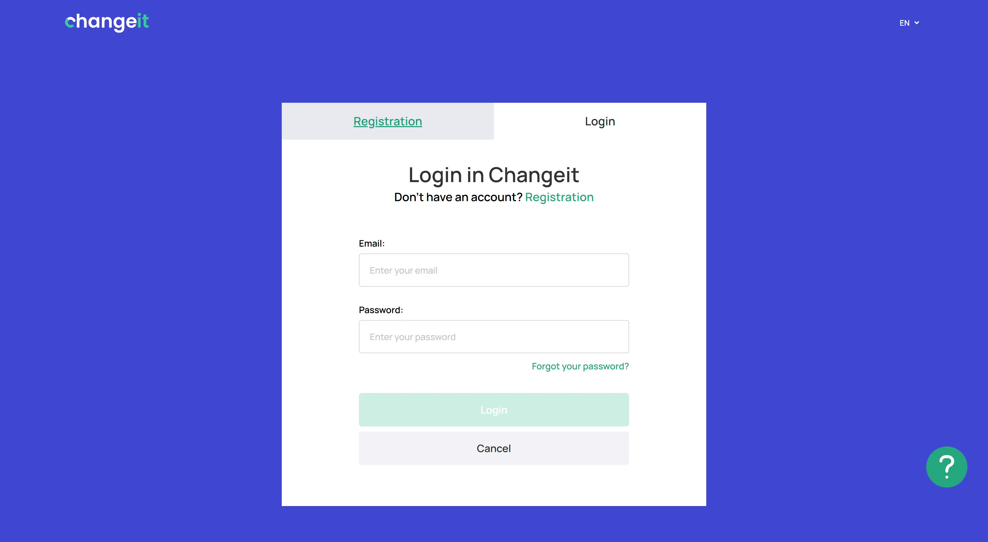 ChangeIt login form: email, password, Forgot your password link