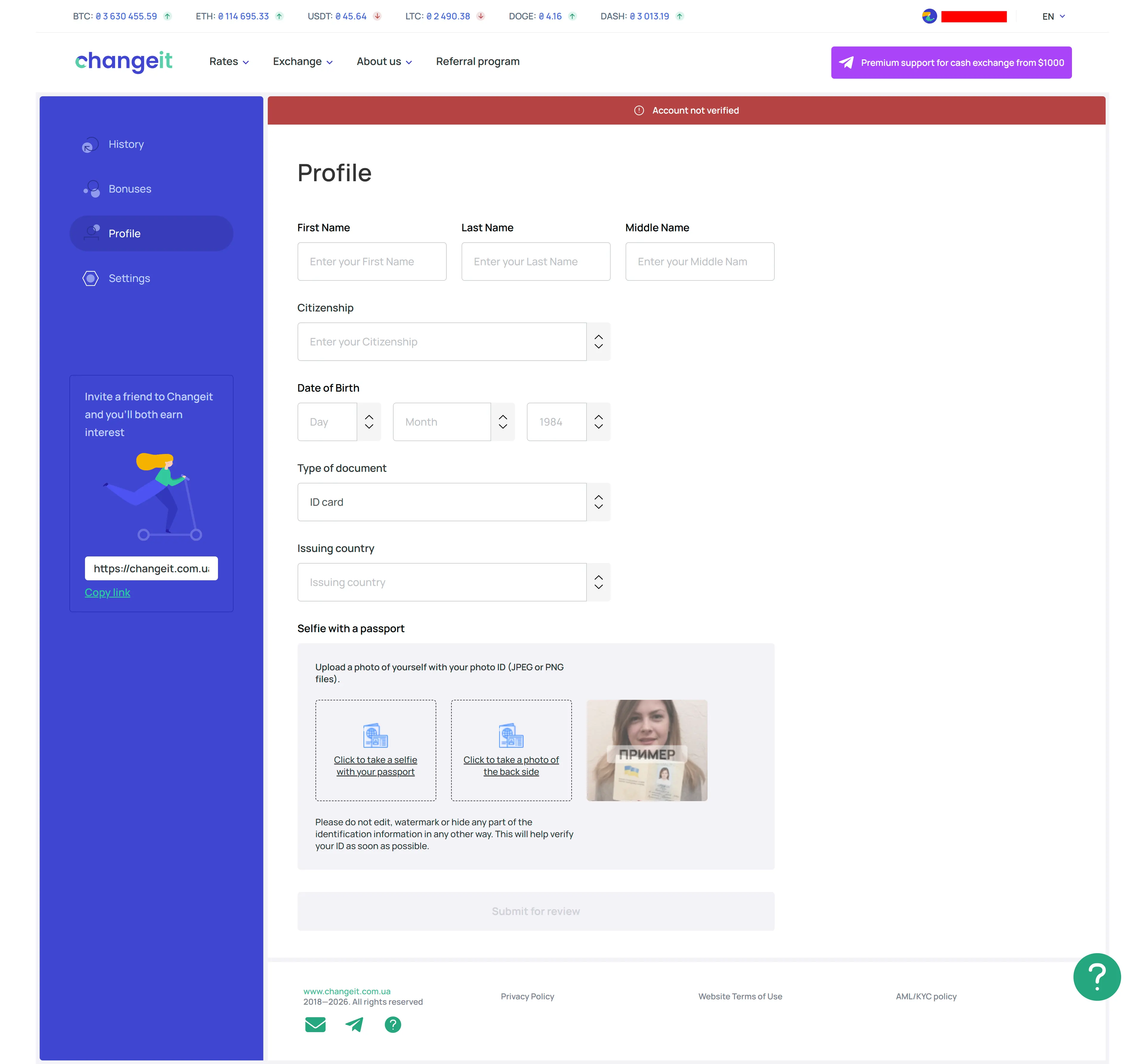 ChangeIt profile KYC fields and selfie-with-passport uploads