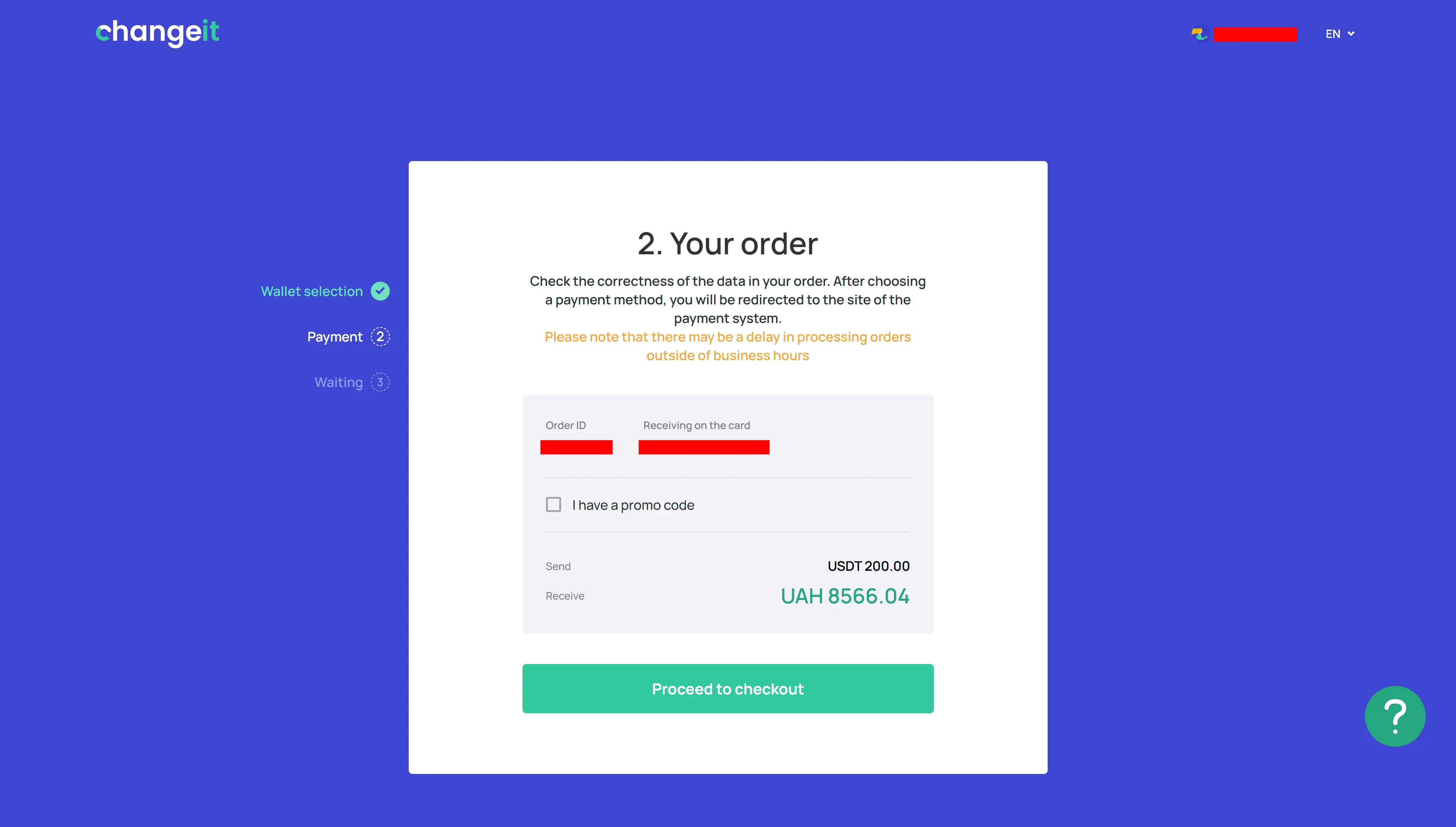 ChangeIt order step 2: confirm 200 USDT → 8,566.04 UAH
