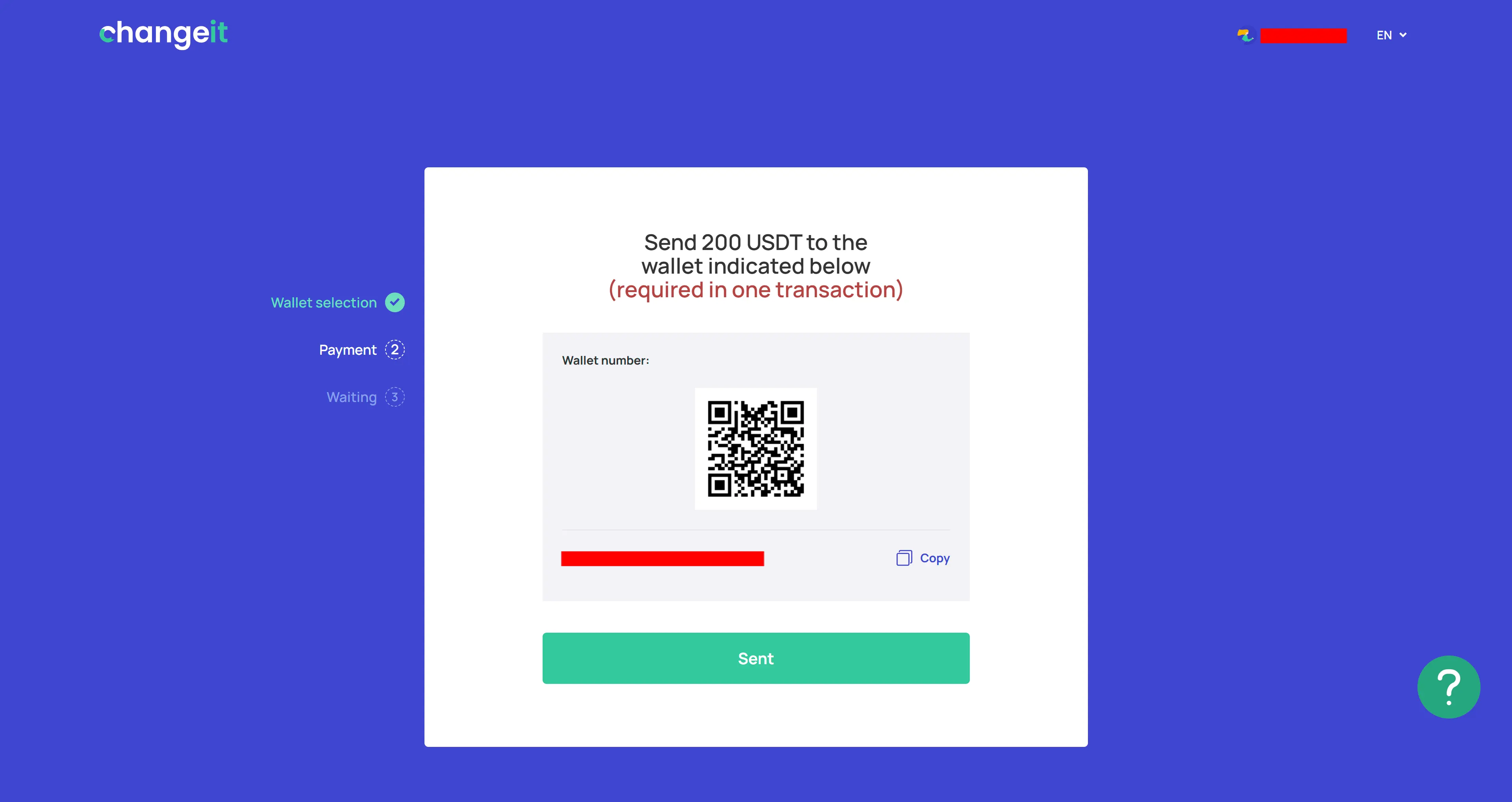 ChangeIt payment screen: QR and wallet for 200 USDT in one transaction