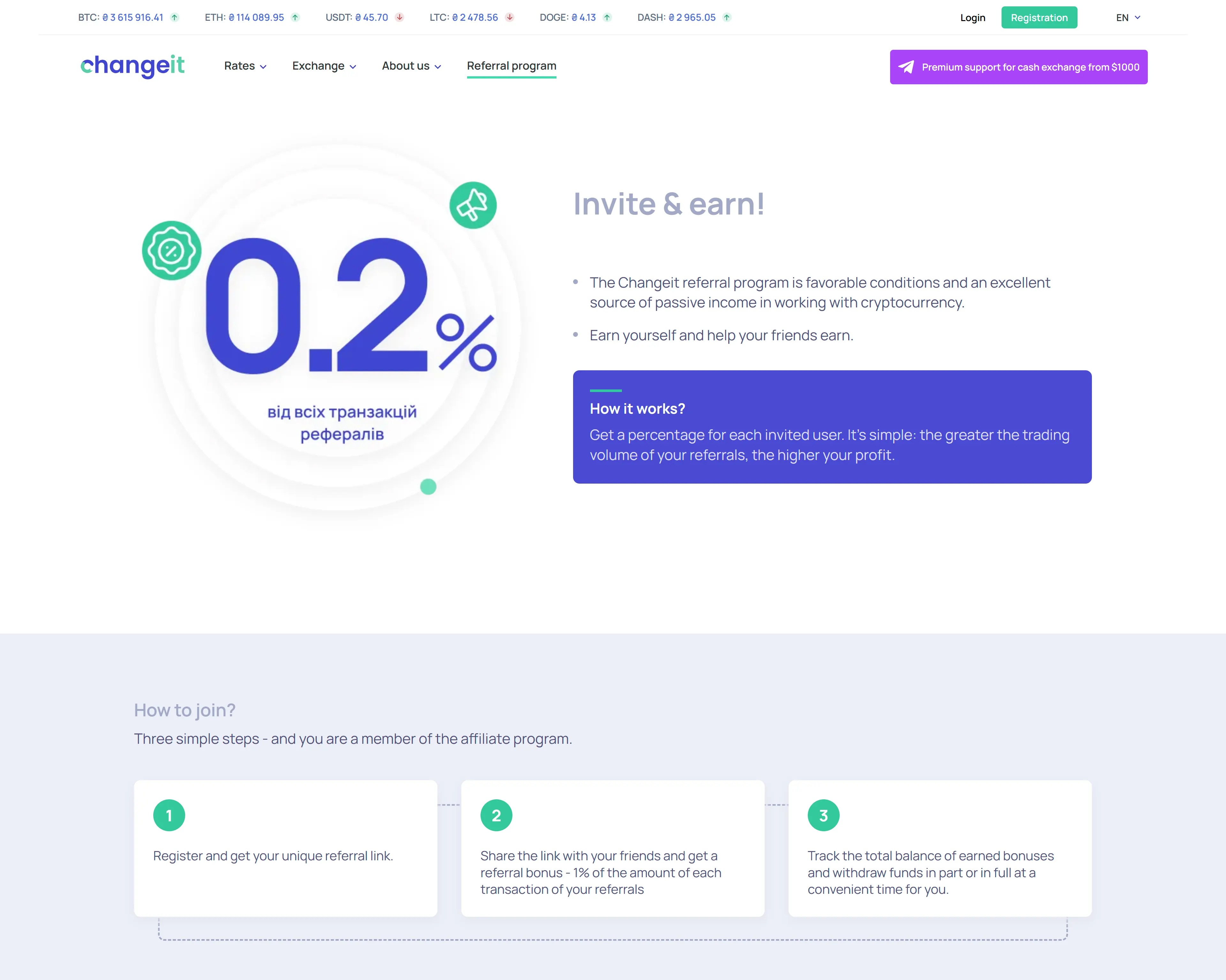 ChangeIt Referral program page: Invite & earn with 1% step copy