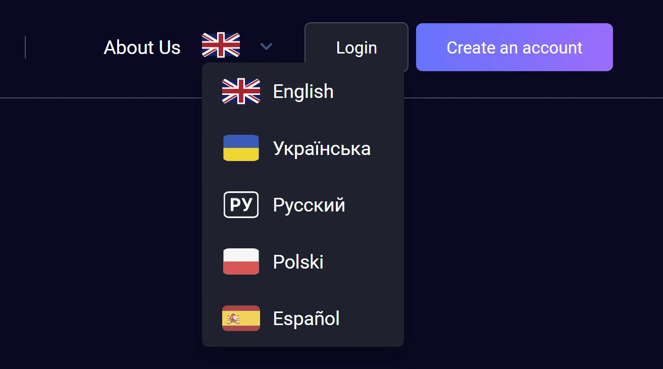 Вибір мови інтерфейсу Dvizh: українська, англійська, польська, іспанська