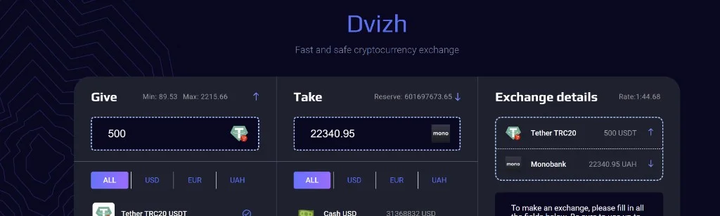 Приклад заявки Dvizh: обмін 500 USDT на гривню з лімітами і сумою до отримання