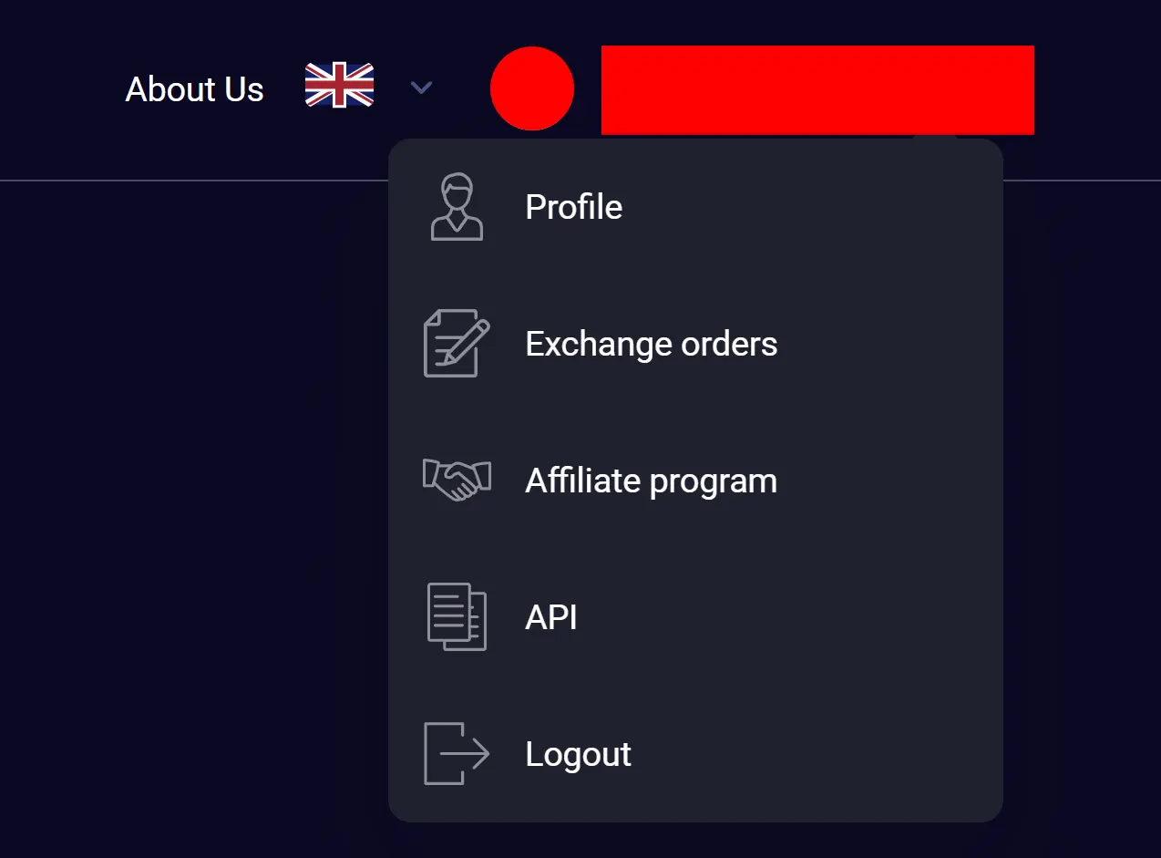 Випадаюче меню акаунта Dvizh: Profile, Exchange orders, Affiliate program, API